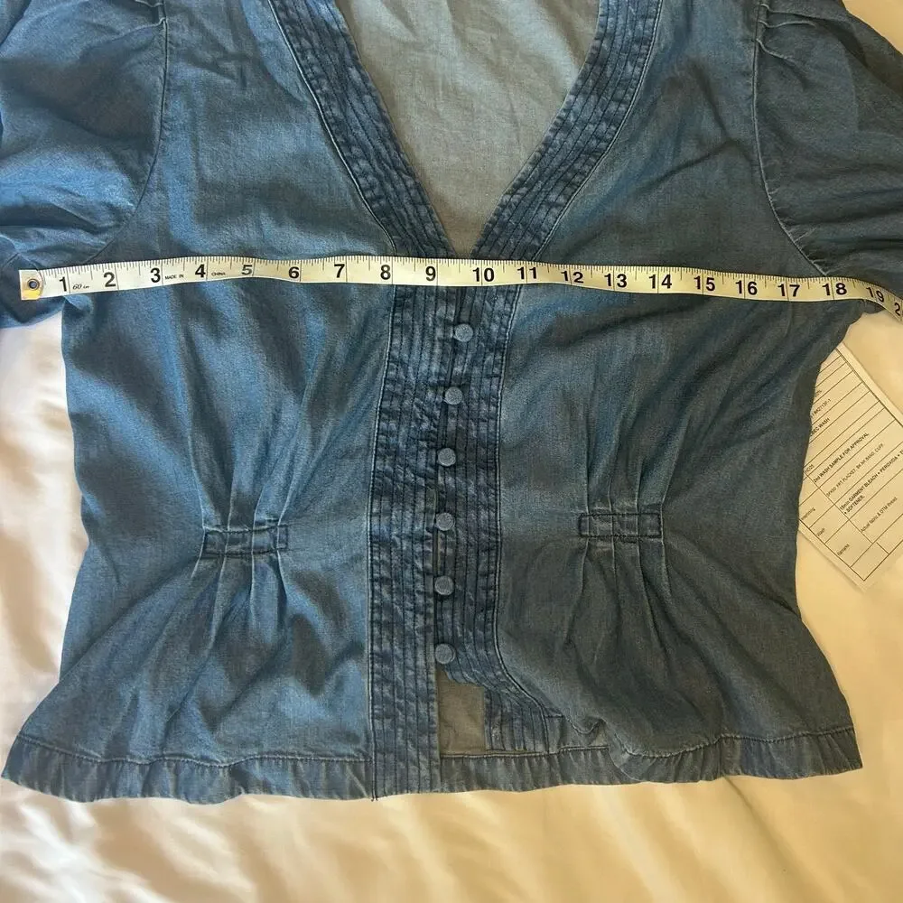 Madewell chambray balloon sleeve peplum blouse. Sloft V neck cottagecore Women 8 - Picture 3 of 7